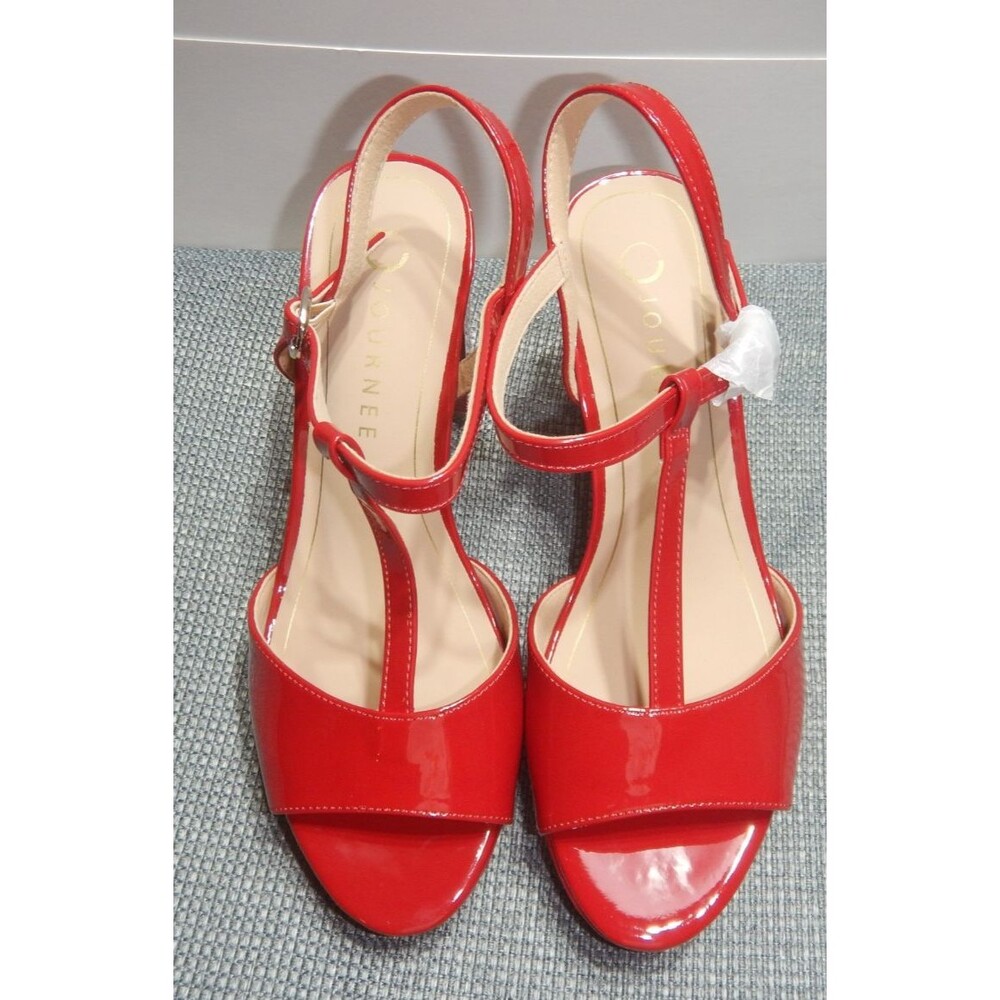 Journee Collection Red Patent T-Strap Block Heel Sandals Size 8 Excellent